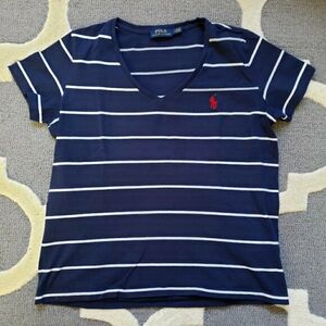 Polo Ralph Lauren Preppy Colorblock Short Sleeve Scoop V Logo Tee Shirt Size Med